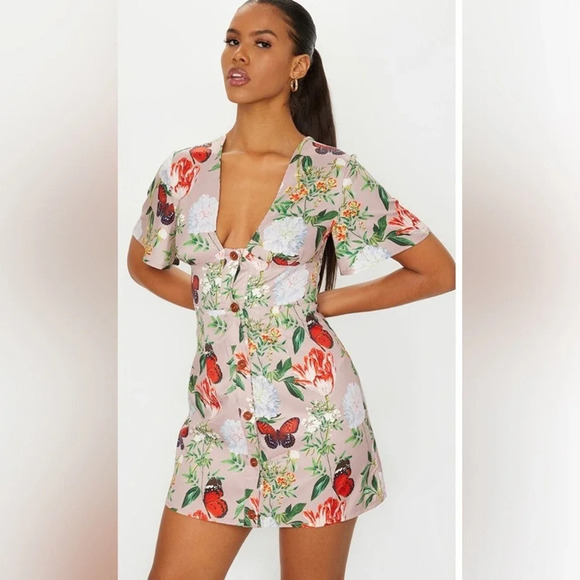 NEW PrettyLittleThing Beige Floral Print Criss Cross Button Bodycon Dress Size 2 - Picture 3 of 12